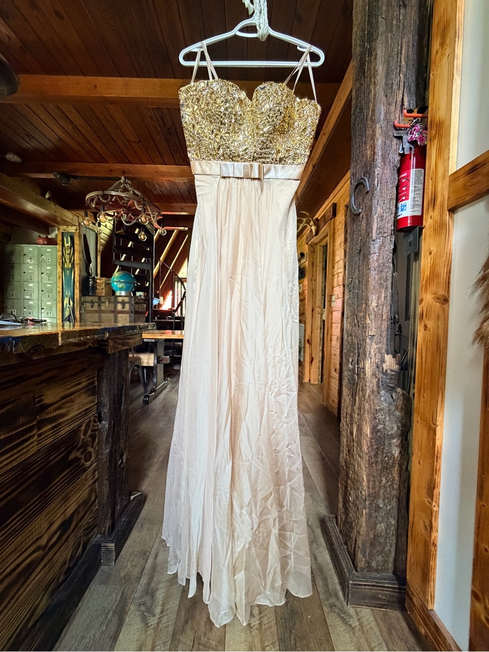 La Femme Gold Sequin Bodice Champagne/Beige Spaghetti Strap Prom Gown